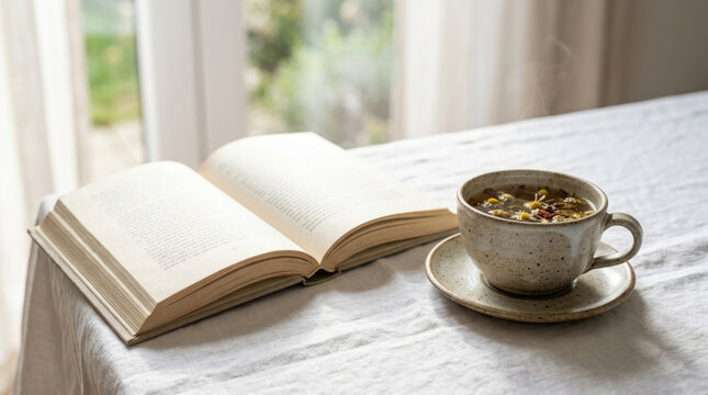 Open book and a steaming cup of chamomile tea on a linen table by a bright window, cozy morning relaxation concept