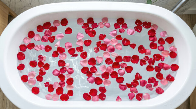 Red and pink rose petals floating in a white bathtub filled with water for a luxury spa and wellness treatment concept