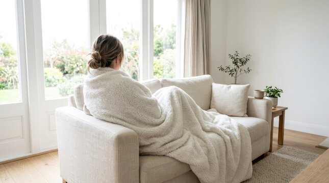 Woman wrapped in cozy blanket sitting on sofa looking out window, concept of home comfort and relaxation