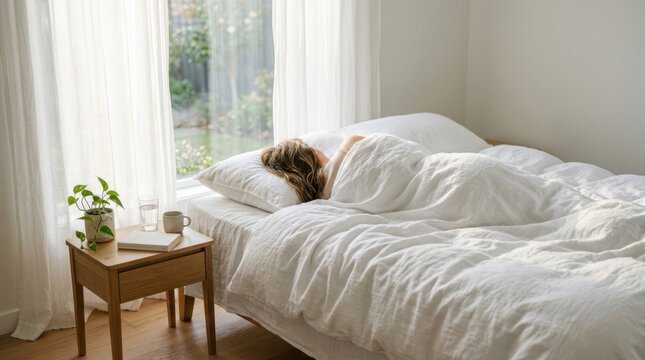 Young woman sleeping in a cozy white bed by a bright window, peaceful morning wellness concept