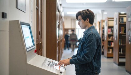 Fototapeta premium Black college student using digital library kiosk. Young male scholar accessing academic resources on touchscreen terminal.