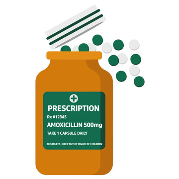 Prescription amoxicillin antibiotic medicine capsule pills falling out of orange plastic vitamin bottle with white and green tablets on clean white background for healthcare concept