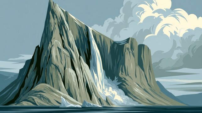 Majestic mountain peak with a cascading waterfall plunges into calm waters.