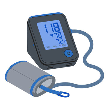 Digital blood pressure monitor device with cuff showing systolic diastolic and pulse readings on screen for medical health checkup and hypertension monitoring on white background