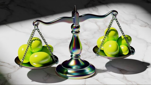 Scales of justice with green spheres. Balancing weights representing legal or ethical choice.
