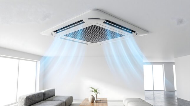 Modern ceiling cassette air conditioner blowing fresh cool air in a bright minimalist living room interior for a smart home comfort concept