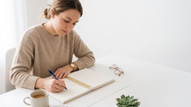 Woman writing in notebook at desk with coffee and glasses