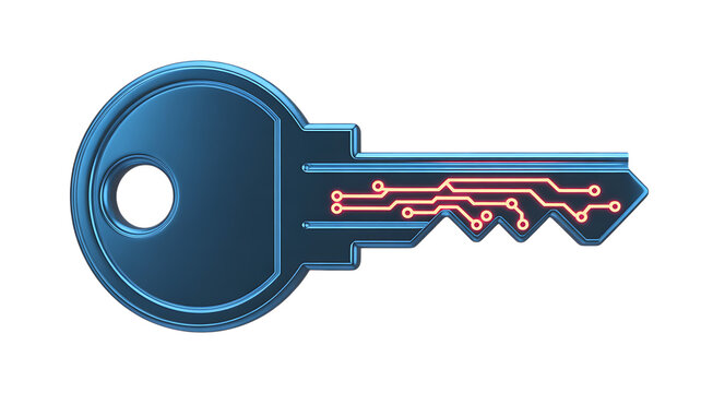 Blue digital security key with glowing circuit board pattern
