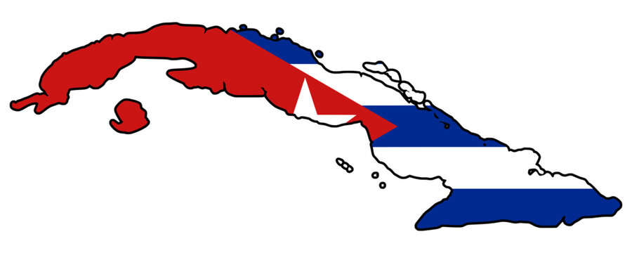 Cuba Flag within Cuba Map Shape Black Outline Flat Design Vector Illustration