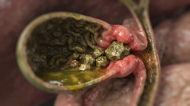 A detailed medical 3D illustration depicting a cross-section of a human gallbladder with cholelithiasis, showing green bile, inflamed mucosal walls, and multiple faceted gallstones, including one o...