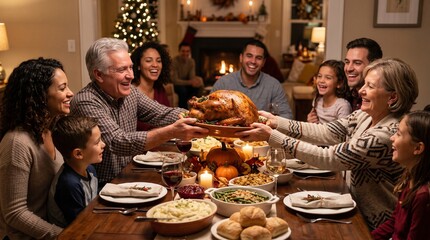 Fototapeta premium Multi generational family enjoying a festive holiday dinner with a roasted turkey at the center of the table
