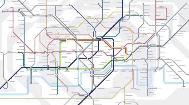 Complex subway map network. Detailed urban transit system diagram with colorful lines.