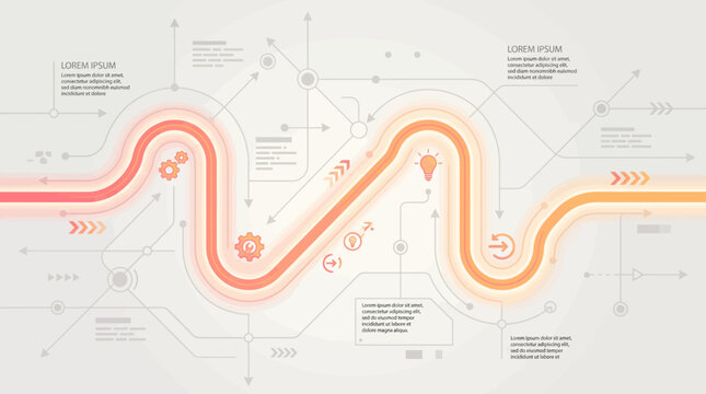 Wavy business process roadmap infographic. Modern workflow path diagram with data icons.