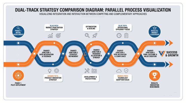 Dual track strategy comparison diagram. Parallel process visualization for business planning.