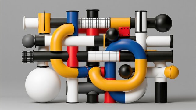 Geometric tubular construction with primary colors and varied textures.