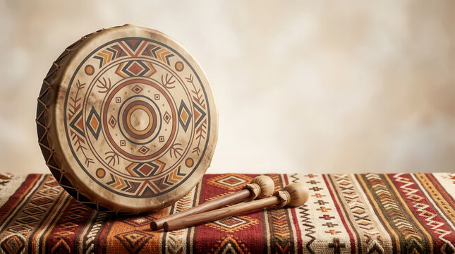 Handcrafted Wooden Drum with Tribal Beadwork Resting on Woven Fabric Pattern, Soft Blurred Background for International Day of the Worlds Indigenous Peoples, Cultural Heritage Concept