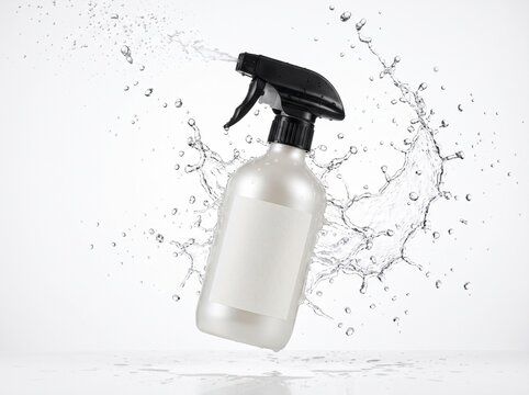 Realistic product photography of a pearl-white plastic spray bottle, black spray trigger, blank label, isolated on clean white background, dramatic splash of water droplets exploding around the bottle