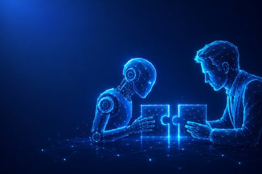 Abstract digital illustration of a human and robot connecting puzzle pieces to represent collaboration. futuristic AI & robotics with collaboration, connection, technology. futuristic AI & robotics