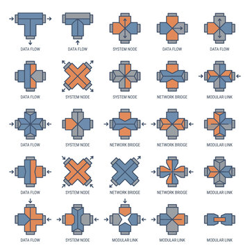 Geometric connector icons set. Technical pipe joint and structural cross connection symbols.