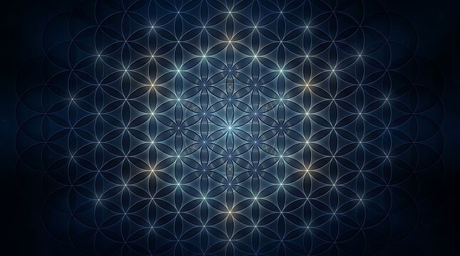 Intricate sacred geometry flower of life pattern with glowing intersecting circles and soft light radiating from the center on dark background
