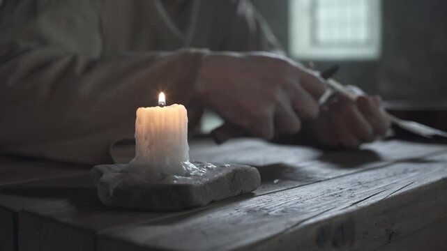 Hands of a medieval prisoner sharpening a quill pen with a penknife near a burning candle on a wooden table inside a gloomy dungeon, camera tracking