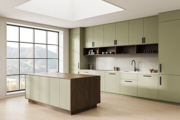 Naklejka premium Modern sage kitchen interior with island, tall cabinets, panoramic window, wood accents, and soft daylight in a serene home space. 3D Rendering