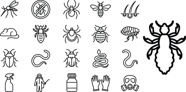 Parasite and Pest Control Icon Set with Lice Ticks Bedbugs Mosquitoes Fleas and Exterminator Equipment Line Art Vector Elements