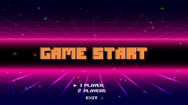 GAME START. Retro Futurism Sci-Fi Background. glowing neon grid and star from vintage arcade computer games