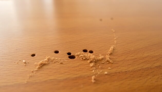 Wooden desk with multiple termite exit holes, scattered sawdust-like frass.