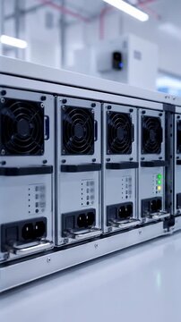 Low-angle close-up of rack-mounted power supply modules with glowing status LEDs inside climate-controlled equipment room, showing black cooling fans, metal grilles, orderly industrial hardware