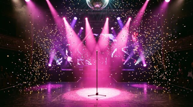 A musician performs on a vibrant stage under pink spotlights as confetti falls over fans
