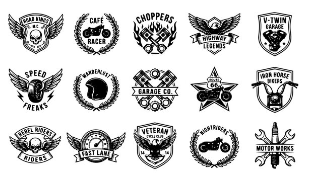 Vintage Motorcycle Badges Vector Set with Biker Club Emblems Custom Garage and Winged Wheel Logos