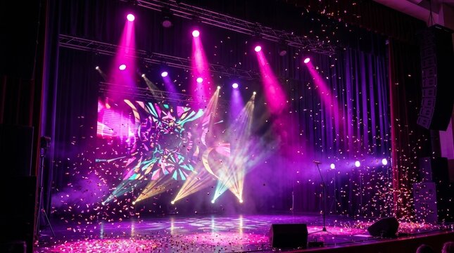 A musician performs on a vibrant stage under pink spotlights as confetti falls over fans