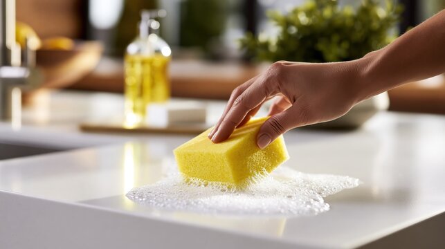 Persons hand uses a yellow sponge to clean a kitchen counter with soap bubbles.