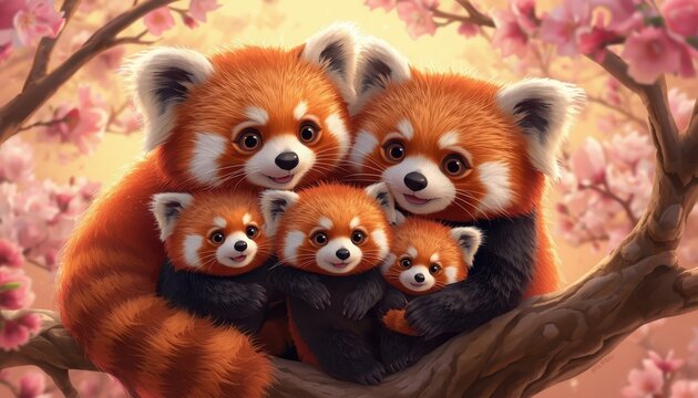 Adorable red panda family cuddled together amidst soft pink cherry blossom flowers with portrays family five fluffy red pandas perched tree branch