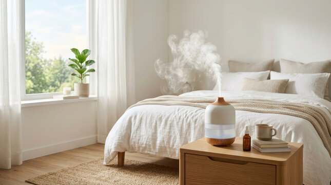 Essential oil diffuser emitting steam on a wooden nightstand in a bright bedroom for home wellness
