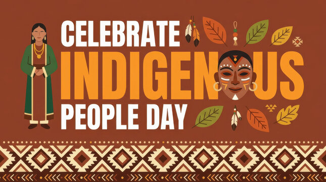 Celebrate Indigenous People Day Poster with Native Figures, Feather Headdress Illustration and Leaf Icons on Orange Background, Tribal Pattern Border, Cultural Heritage Design Template