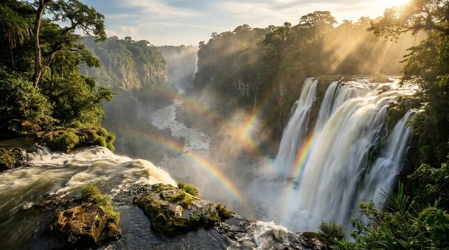Majestic tropical waterfall cascading through lush green rainforest with vibrant double rainbows in misty sunlight