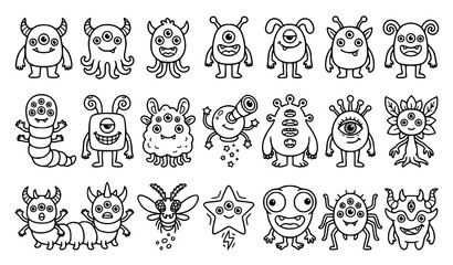 Cute monster characters and alien creatures set for kids coloring book vector outline illustration
