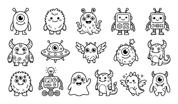 Cute monster and robot coloring page set for kids vector outline illustration