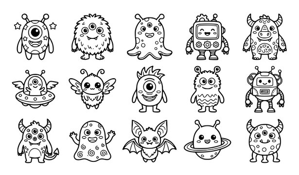 Cute monster alien and robot coloring book page set for kids vector outline illustration