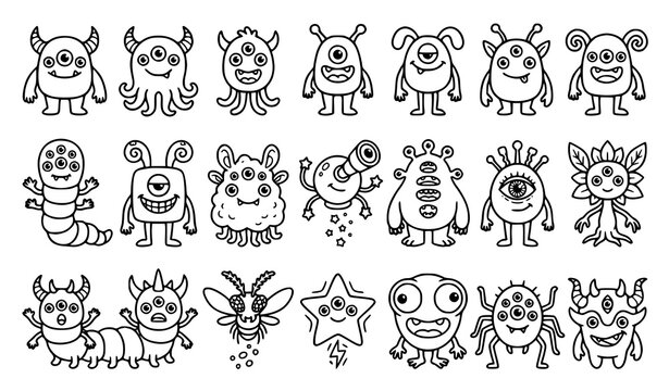 Cute monster characters and alien creatures set for kids coloring book vector outline illustration