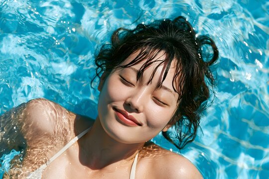 Beautiful young woman relaxing with closed eyes in bright turquoise pool water wearing a white bikini top during summer day