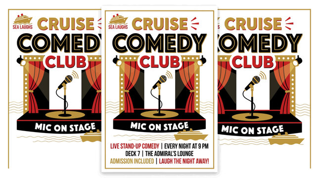 Cruise comedy club event posters with microphone stage.