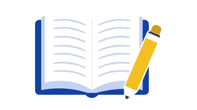 Animated open notebook with pencil video flat vector illustration motion graphic educational study concept