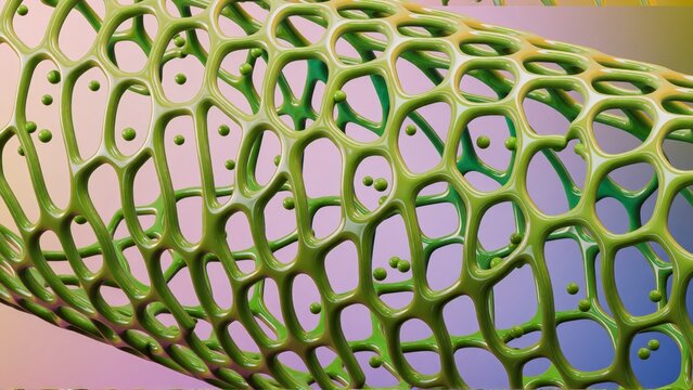 Green carbon nanotube structure. Microscopic view of a molecular lattice or synthetic mesh.