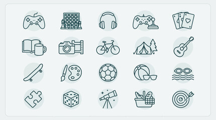 Icons depicting various leisure activities and hobbies are displayed in a clean linear style to illustrate diverse recreational interests and entertainment options for modern lifestyle projects. © Budi