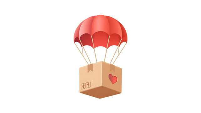 Cardboard box with heart symbol descending by parachute