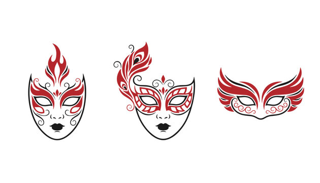 Set of three elegant masquerade masks with intricate peacock feathers and fiery designs on a white background.