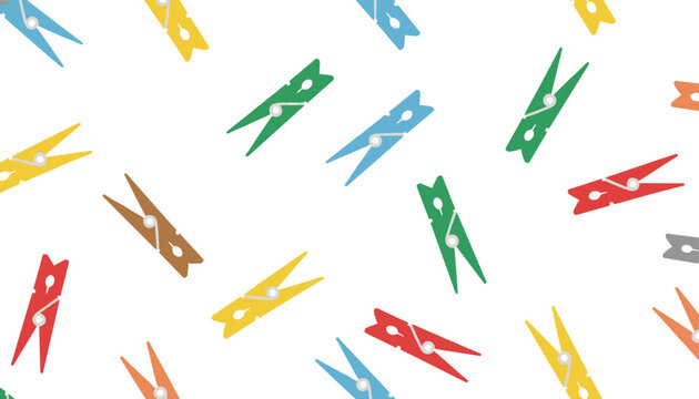 Seamless colorful pattern featuring wooden and plastic clothes pegs in yellow green blue and red on a white background.